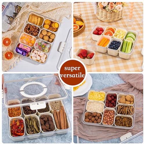 Divided Snack Serving Tray with Lid and Handle Travel Snackle Charcuterie Container Portable Storage Organizer for Candy