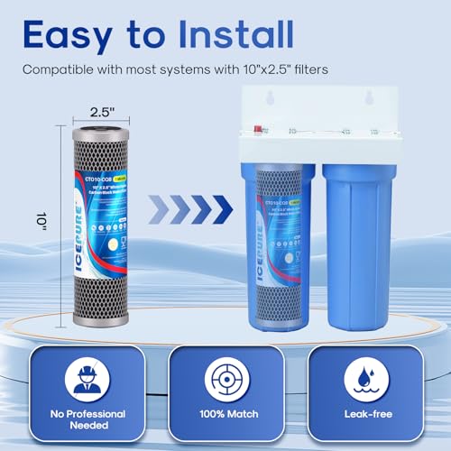 1 Micron 10" x 2.5" Whole House Upgraded Coconut Shell Activated Water Filter Lead Remove Filter Cartridge Replacement for WFPFC8002 (3 Count)