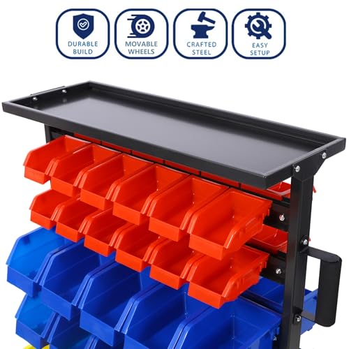 60 Parts Bin Rack Garage Storage Unit 6 Tiers System Steel Shelf with Portable Wheels