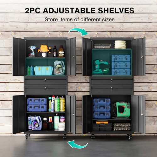 Metal Storage Cabinet with Wheels and Drawers