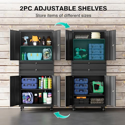 Metal Storage Cabinet with Wheels and Drawers