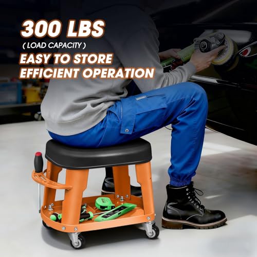 Removable Rolling Garage Stool with Seat Cushion & Tool Tray Plate