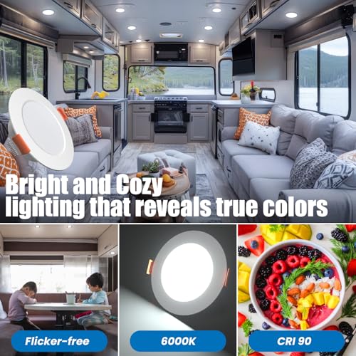 12 Volt 3 Inch Ultra Thin LED Recessed Ceiling Lights for RV Interior 3W 6000K 12V LED Downlights Dimmable RV Puck Lights for Camper Van Boat Under Cabinet Lighting (6 Count)