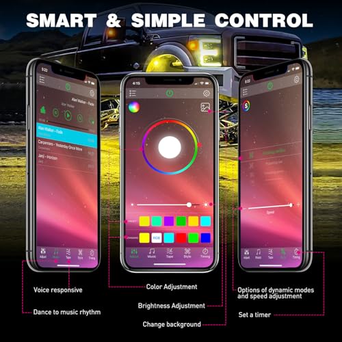 RGB LED Rock Lights Kit 8PCS Bluetooth App Control Multicolor (8 Count)