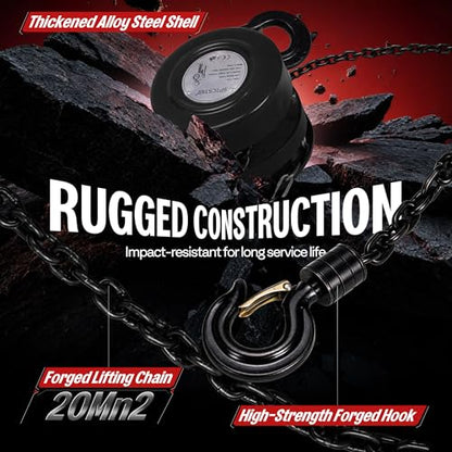 Hand Chain Hoist 1 Ton 2200 Lbs Capacity 10 Feet with 2 Hooks
