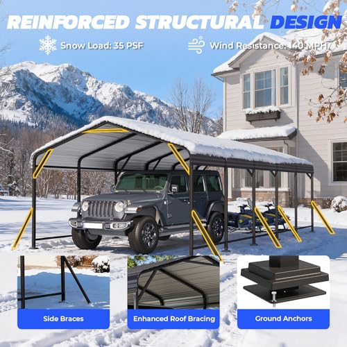 13x26 Metal Carport Heavy Duty Carport Canopy with Upgraded Triangular Reinforced Base Galvanized Steel Roof Car Port Garage Shelter for Vehicle Boat Tractor Storage Grey