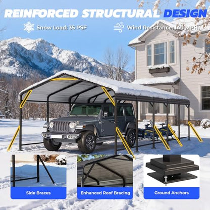 13x26 Metal Carport Heavy Duty Carport Canopy with Upgraded Triangular Reinforced Base Galvanized Steel Roof Car Port Garage Shelter for Vehicle Boat Tractor Storage Grey