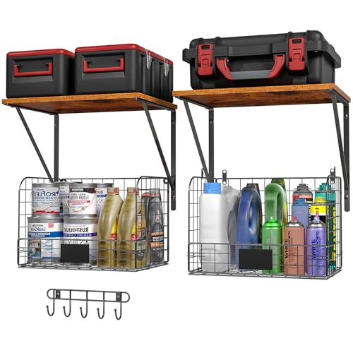 2 Pack Garage Shelves Wall Mounted with Wire Storage baskets (2 Count)
