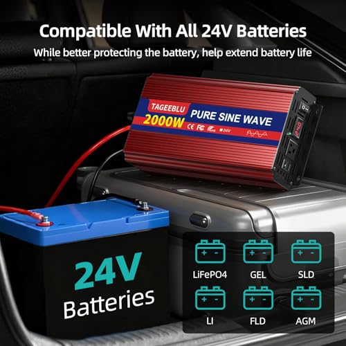 24V 2000W Pure Sine Wave Power Inverter 24V DC to 110V 120V AC for Vehicles