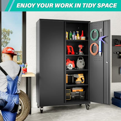 Wide & Deep Metal Storage Cabinet with Wheels