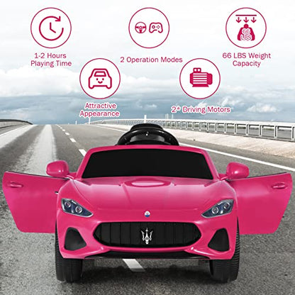Ride on Car Pink Licensed Maserati Gbili 12V Battery Powered Electric Car with Parent Remote Control & Manual Modes