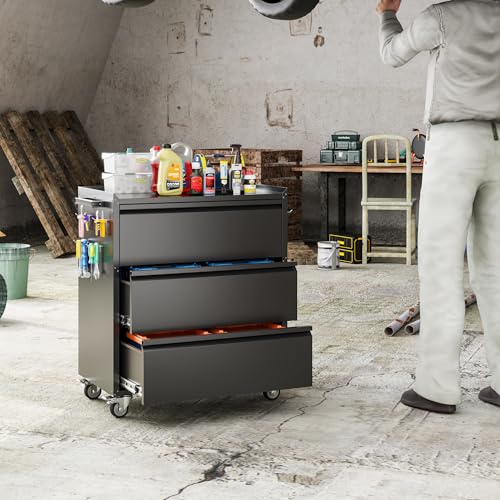 35.5" Rolling Tool Cabinet with 3 Drawers and Side Pegboards