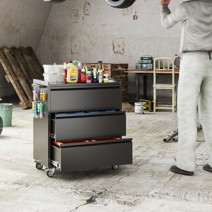 35.5" Rolling Tool Cabinet with 3 Drawers and Side Pegboards