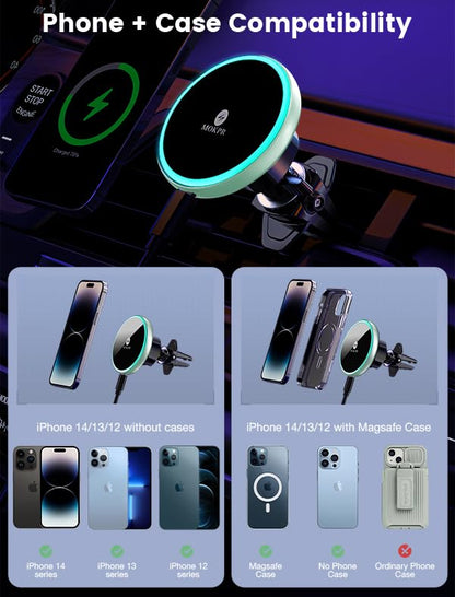 for Magsafe Car Mount Charger 15W LED RGB Car Phone Holder for Dash Vent