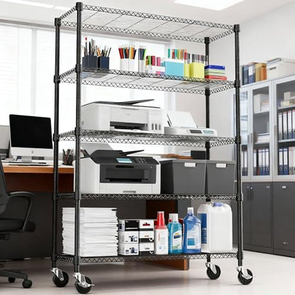 1750LBS 47.2" W 5 Tiers Storage Shelves Metal Shelving Unit with Wheels Heavy Duty Garage Shelving Adjustable Wire Shelves for Pantry