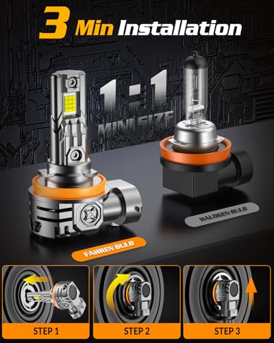 H11/H8/H9 Fog Light Bulbs, 50,000LM Brightness, 6500K H9/H8/H16 Low Beam, 10-Year Service Life with Cooling Fan, IP68 Waterproof, Real 1:1 Halogen Mini Size Plug N Play, Pack of 2 (2 Count)