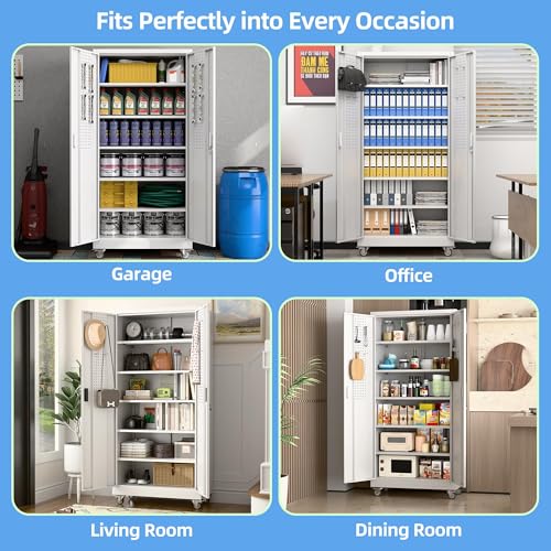 71" White Metal Storage Cabinet with Wheels