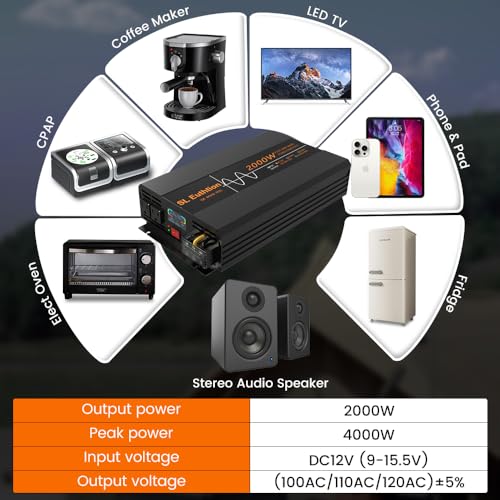 2000W Pure Sine Wave Power Inverter 12V DC to 120V AC 60HZ with LCD Display
