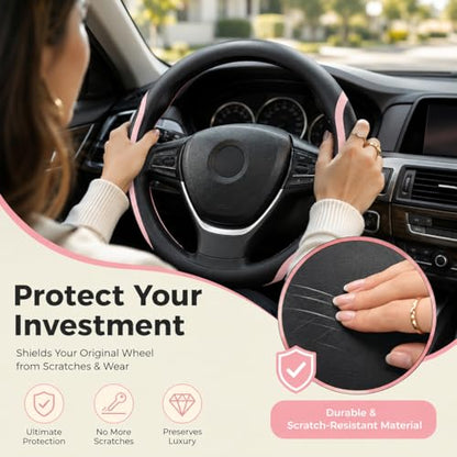 Steering Wheel Cover Black and Pink Leather Universal 14.5 (3 Count)
