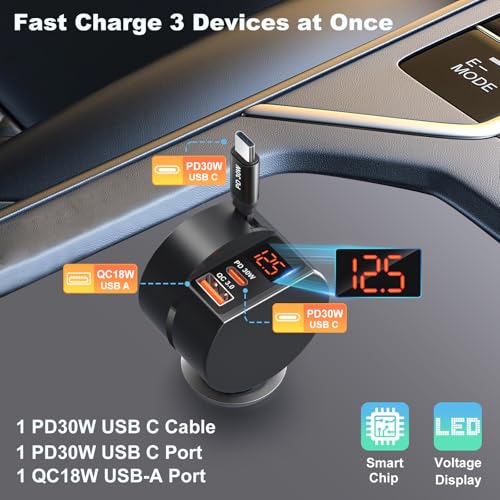 78W 3 Port Car Charger with Retractable USB (2 Count)