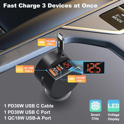 78W 3 Port Car Charger with Retractable USB (2 Count)