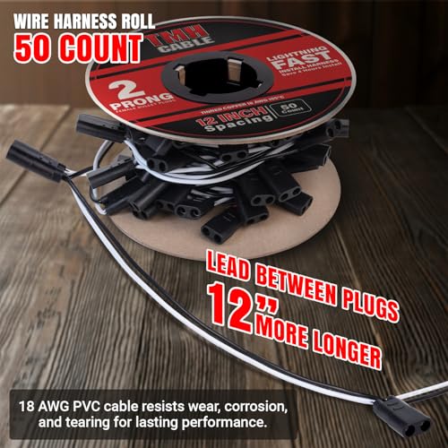 50 Count 2 Prong Wire Harness Roll Double Female Bullet Plug 18 Gauge (49 Foot)