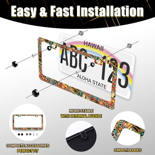 Stainless Steel Ethnic Tribal Texture License Plate Frame 12.2 x 6.2 Inch