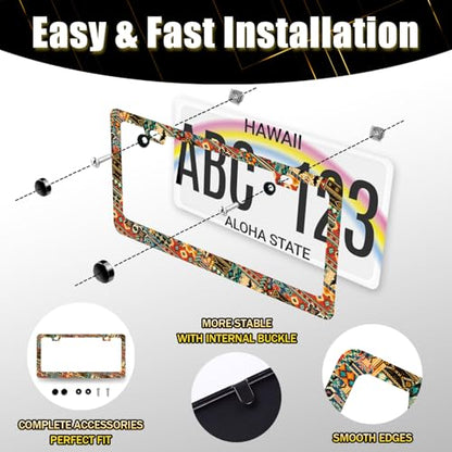 Stainless Steel Ethnic Tribal Texture License Plate Frame 12.2 x 6.2 Inch