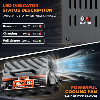 14.6V 30A LiFePO4 Battery Charger 12V LiFePO4 Lithium Battery Charger 30 Amp Fast Charging with Anderson Connector AC