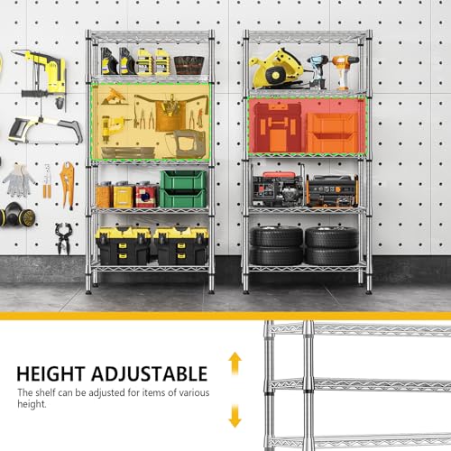 1250 lbs 5 Tier Shelf Metal Storage Shelves Shelving Wire Rack Heavy Duty Closet Organizers for Garage Kitchen Bathroom Laundry Chrome 13.8" D x 29.5" W x 59.5" H (5 Count)