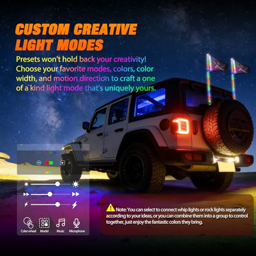 RGB LED Whip Light 2PCS 3FT with 4 Rock Lights Combo