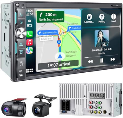 QLED Double Din Car Stereo with Dash Cam & Backup Camera