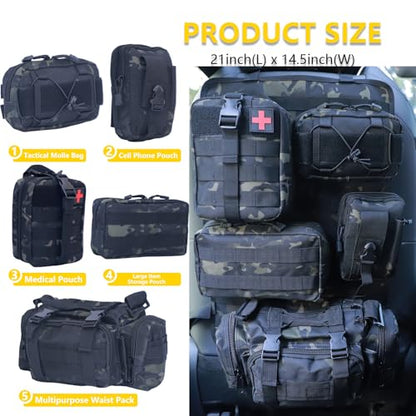 Universal Tactical Seat Back Organizer Vehicle Molle Panel Organizer Storage Bag with 5 Detachable Molle Pouch for All Vehicel Such as Jeep