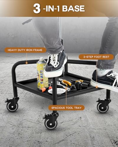 Shop Stool with Lockable Rubber Wheels Adjustable Backrest Tool Tray Storage 400 lb Capacity Rolling Garage Stool