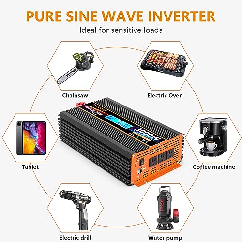 3000 Watt Pure Sine Wave Power Inverter 12V DC to 110V 120V Converter for Family RV Off Grid Solar System Car with Type