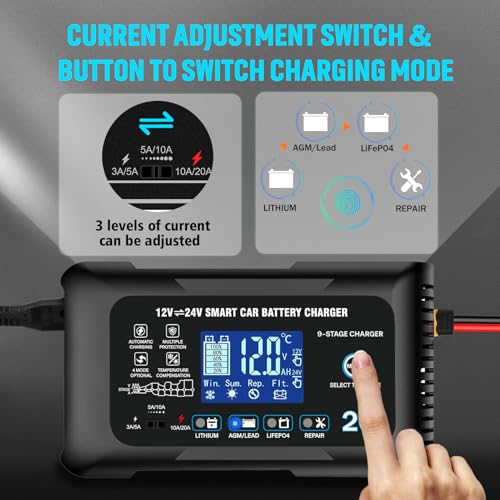20Amp: 12/24V Smart Car Battery Charger – Automatic Maintainer, Trickle Charger & Desulfator with Overcharge Protection & Temperature Compensation – for Lead-Acid & Lithium & LiFePO4 Batteries