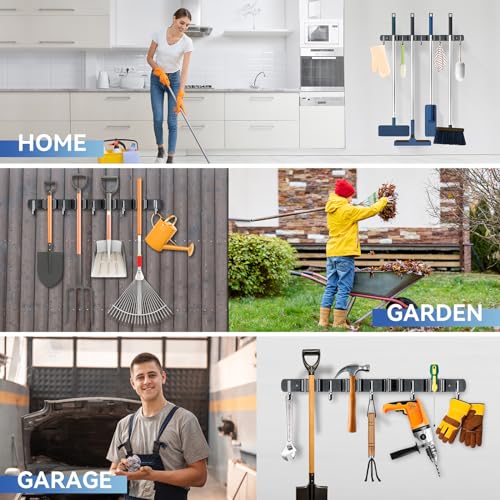 Wall Mount Broom Holder 4 Racks 5 Hooks Metal Tool Organizer Black