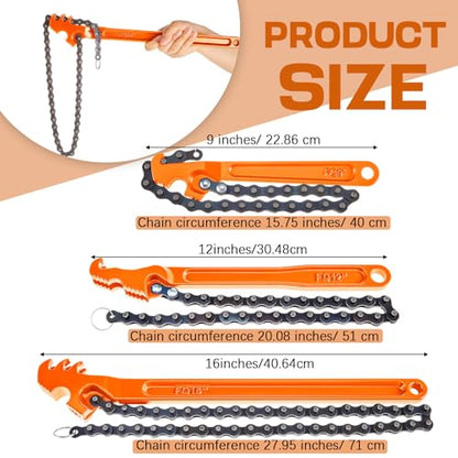 3 Pcs Large Reversible Chain Oil Filter Wrench with 12 16 9 Inch Chain Wrench Adjustable Heavy Duty Carbon Steel Sturdy Pipe Fitting Tool Spanner for Ratcheting Universal