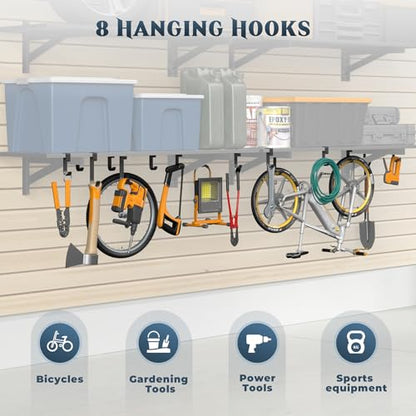 2 Pack Wall Mounted Garage Shelving with 8 Hooks (2 Count)