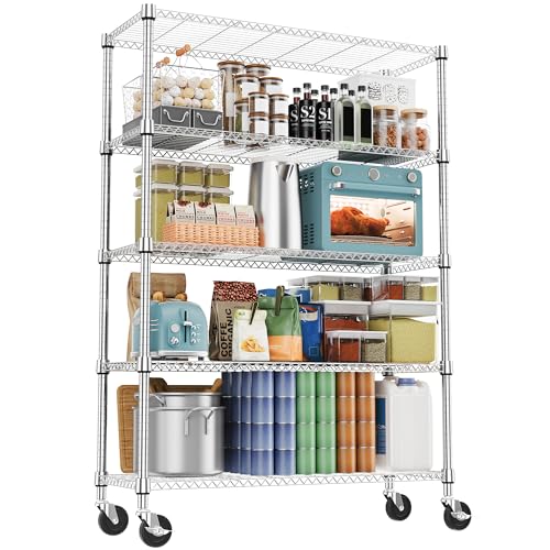 1750LBS 47.2" W 5 Tiers Storage Shelves Metal Shelving Unit with Wheels Heavy Duty Garage Shelving Adjustable Wire Shelves for Pantry