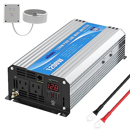 Power Inverter Pure Sine Wave 1200 Watt 12V Dc to 120V Lithium Battery Compatible with UL Fuses and USB