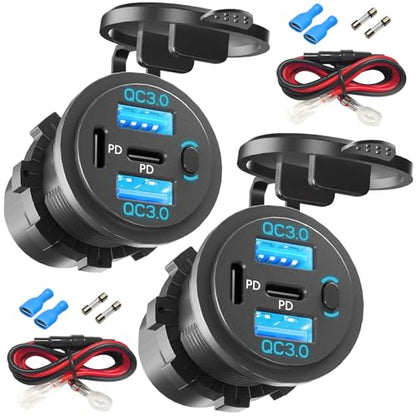 2PCS Dual PD USB C Ports & Dual USB Quick Charge 3.0 Ports 12V USB Outlet with Switch
