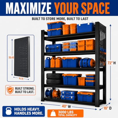 Garage Shelving Unit 5 Tier Metal Rack with Pegboard and 20 Hooks