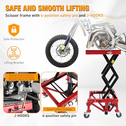 Motorcycle Lift Table Jack 300 LBS Heavy Duty Hydraulic Motorcycle Scissor Jack Lifts Table Foot Pedal with 4 Caster Wheels Wide Deck for Motorbike Dirt Bike ATV Garage Repair Tool