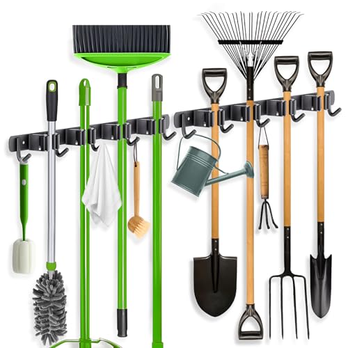 2 Pack Mop Broom Holder Wall Mount 4 Racks 5 Hooks Storage Black (2 Count)