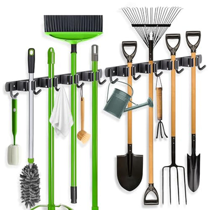 2 Pack Mop Broom Holder Wall Mount 4 Racks 5 Hooks Storage Black (2 Count)