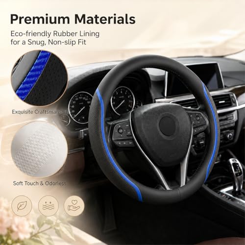 Steering Wheel Cover Blue and Black Leather Universal 14.5