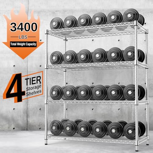 3400 LBS Garage Shelving Wide Storage Shelves 4 Tier Metal Shelves Heavy Duty Adjustable Utility Shelf Rack Chrome 17.7" D x 47.2" W x 70.4" H (4 Count)