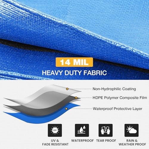 Heavy Duty Tarp 14 Mil Tarp Waterproof Blue 10x20 FT