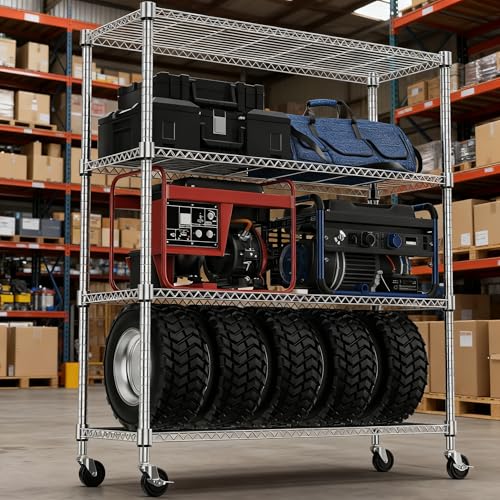 1400LBS 47.2" W 4 Tiers Storage Shelves Metal Shelving Unit with Wheels Heavy Duty Garage Shelving Adjustable Wire Shelves for Pantry